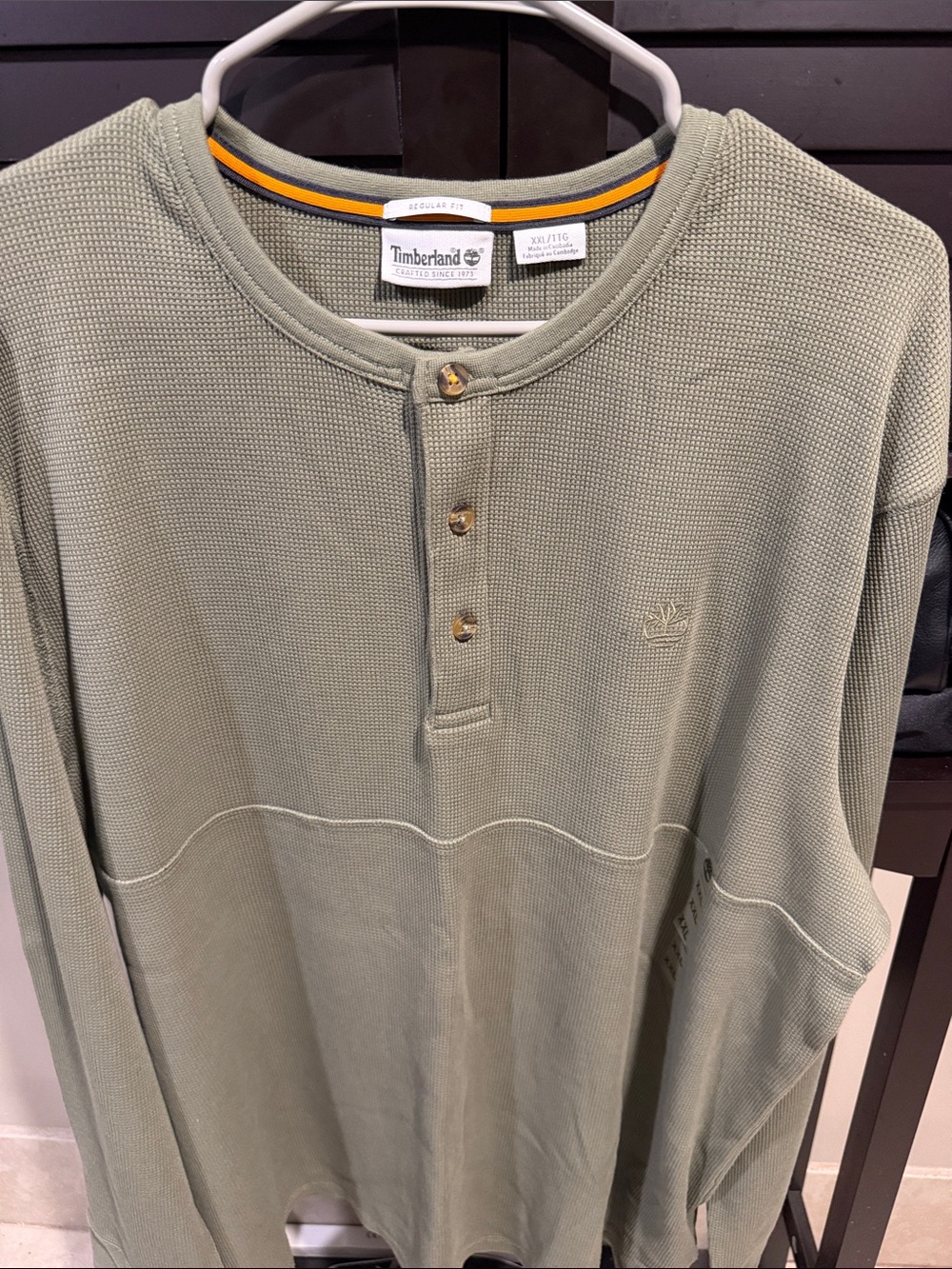 Timberland Olive Green Waffle-Knit Henley Long Sleeve Shirt